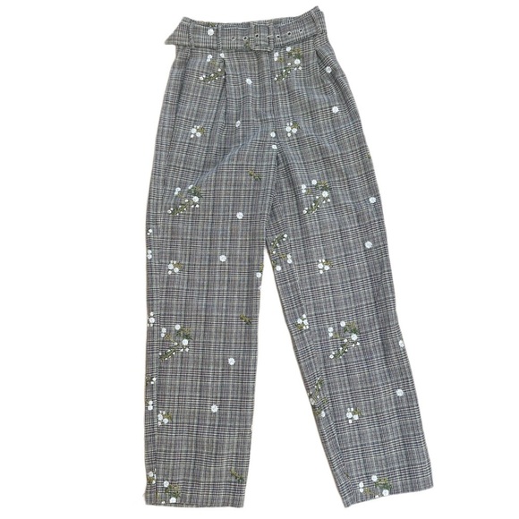 NWOT Marjorelle Charles Pant in Grey Plaid With Embroidered Flowers - Size XXS - Picture 2 of 5